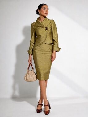 Ellen Tracy Vintage Pencil Skirt & Jacket Metallic Green with Statement Button